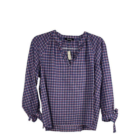 Madewell Womens Plaid Tie-Sleeve Popover Blouse Blue Red NWT Size S Cotton Linen - Picture 1 of 7